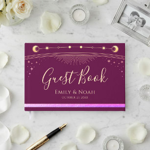 Celestial Fuchsia Gold Sun Moon Stars Wedding Guest Book