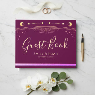 Celestial Fuchsia Gold Sun Moon Stars Wedding Guest Book
