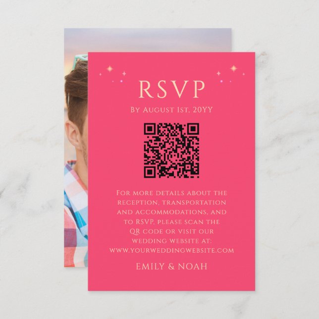 Celestial Fuchsia Pink Budget QR Code RSVP Photo Enclosure Card (Front/Back)