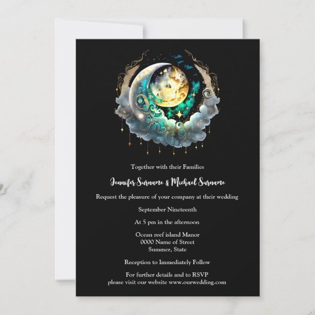Celestial full moon black green glowing night sky invitation (Front)
