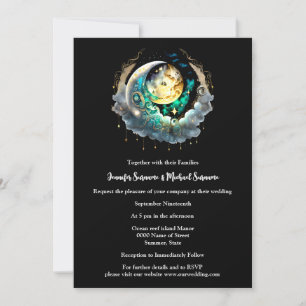 Celestial full moon black green glowing night sky invitation