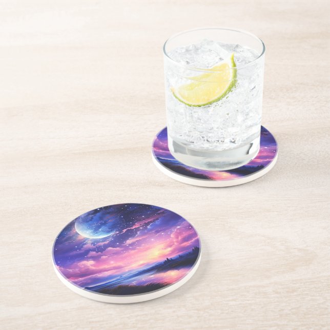 Celestial Full Moon Stars Clouds Mystical Purple Coaster (Side)