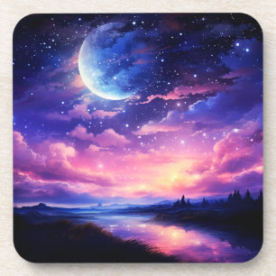 Celestial Full Moon Stars Clouds Mystical Purple Coaster