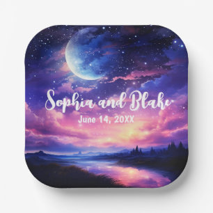 Celestial Full Moon Stars Clouds Mystical Wedding Paper Plate