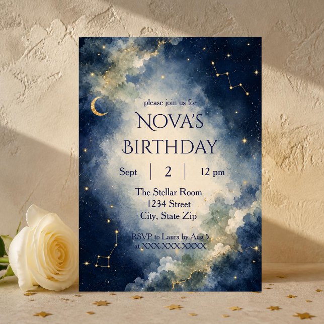 Celestial Galaxy Birthday Invitation | Watercolor (Elegant celestial birthday invitation with watercolor clouds, moon, stars and constellations.)