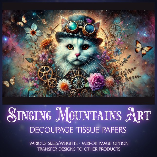 Celestial Galaxy Floral Steampunk Cat Decoupage  Tissue Paper (Creator Uploaded)