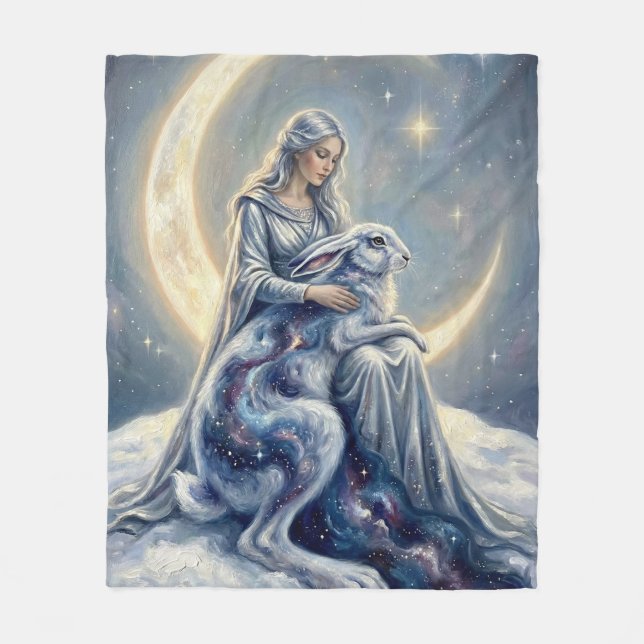 Celestial Galaxy Hare Moon Goddess Fantasy Art Fleece Blanket (Front)