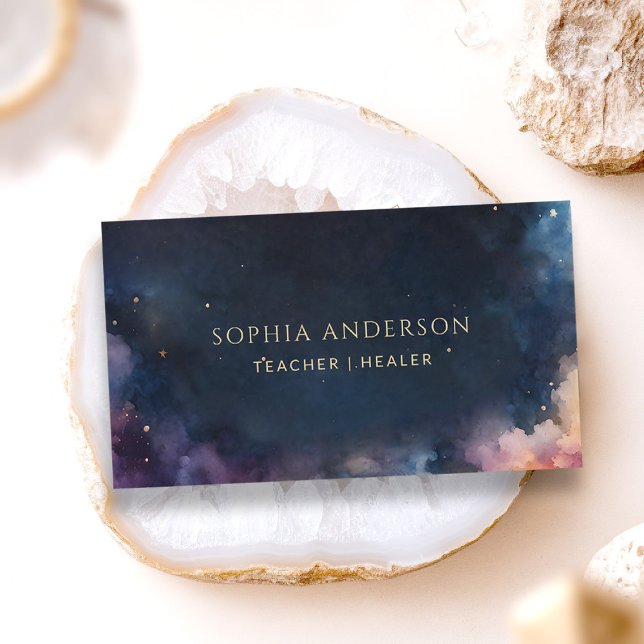 Celestial Galaxy Midnight Navy Blue Modern Chic Business Card (elegant business card celestial cosmic galaxy yoga coach teacher well being healing tarot astrology)