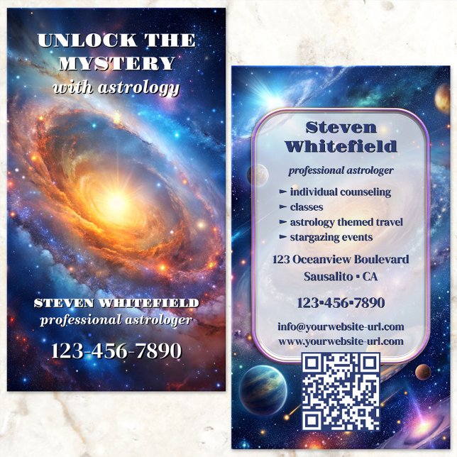 Celestial Galaxy Professional Astrologer  Business Card (Astrologer business card featuring a celestial illustration of the galaxies with planets and stars.)