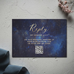 Celestial Galaxy Stars Midnight Blue Wedding QR RSVP Card