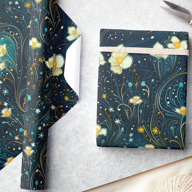 Celestial Garden Navy Blue, Gold Floral Decoupage Wrapping Paper (Creator Uploaded)