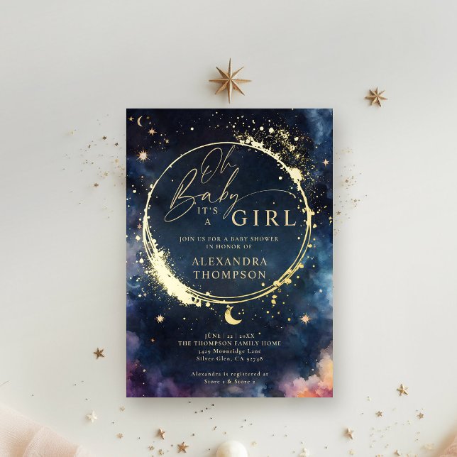 Celestial Gift Midnight Blue Elegant Baby Shower (celestial baby shower invitation twinkle star moon cosmos galaxy dark navy blue gold foil invite)