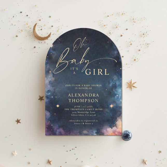 Celestial Gift Midnight Blue Star Arch Baby Shower Invitation (celestial baby shower invitation arch twinkle star moon cosmos galaxy dark navy blue gold planet)