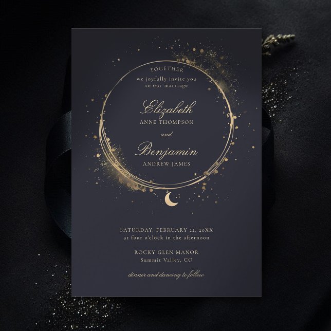 Celestial Gift Moody Navy Elegant Gold Wedding Invitation (celestial wedding invitation elegant frame watercolor moon stars sky modern classic moody navy)