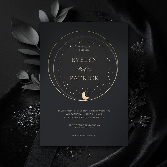 Celestial Gift Moody Navy Elegant Modern Wedding Invitation (celestial wedding invitation elegant modern frame watercolor moon stars sky moody dark)