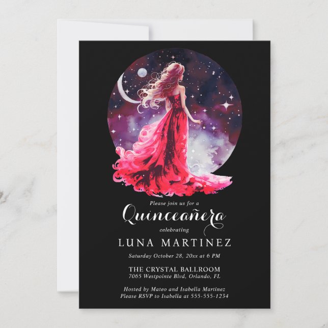 Celestial Goddess Red Dress Starry Sky Quinceañera Invitation (Front)