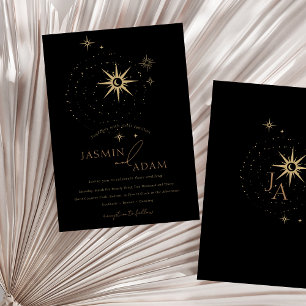 Celestial Gold and Black Stars Wedding Invitation