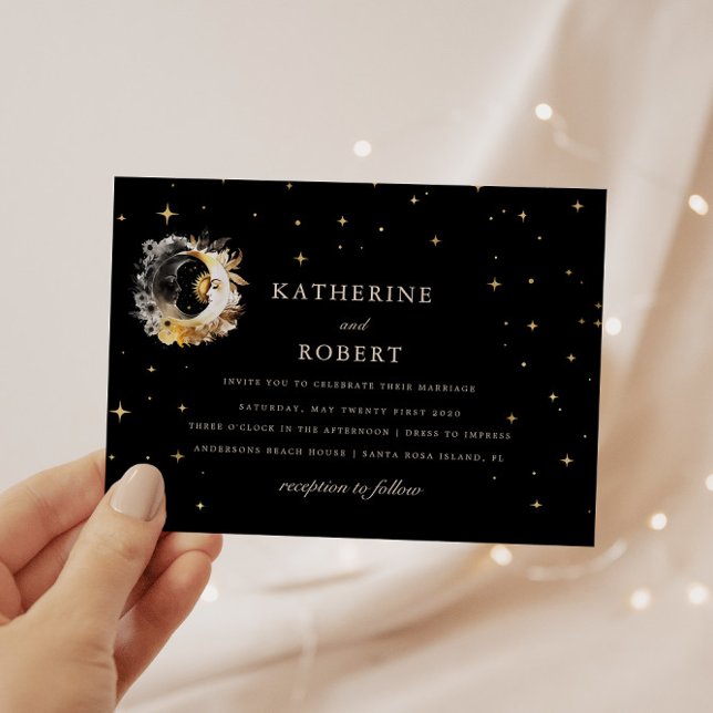 Celestial Gold Black Duality Moon Wedding Invitation (Creator Uploaded)