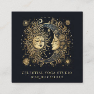 Celestial Gold Black Sun Moon Yoga Square Business Card