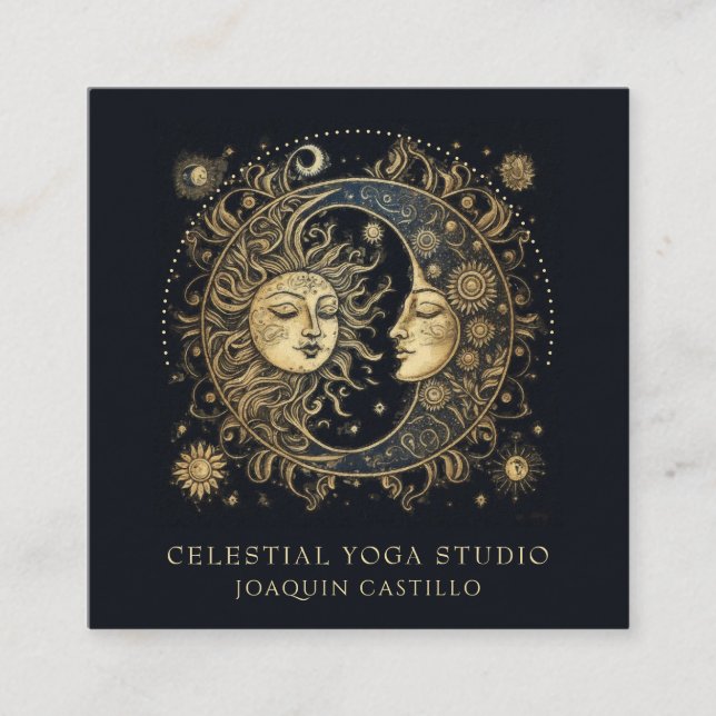 Celestial Gold Black Sun Moon Yoga Square Business Card (Front)