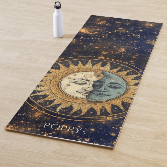 Celestial Gold Blue Sun Moon Faces Personalised Yoga Mat (In Situ)
