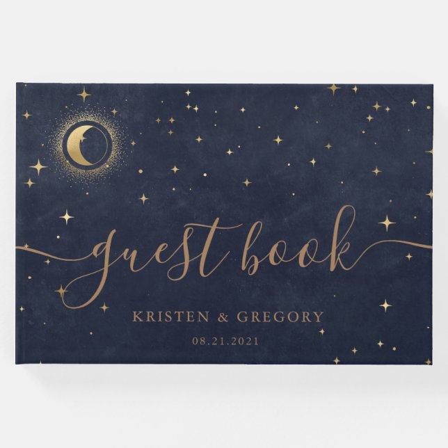 Celestial Gold Crescent Moon Wedding Guest Book (Front)