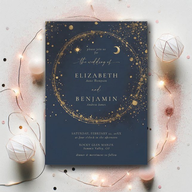 Celestial Gold Dust Midnight Blue Elegant Wedding Invitation (celestial wedding invitation modern classic elegant midnight blue gold dust)