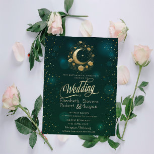 Celestial Gold Floral Moon Stars Wedding Green Invitation