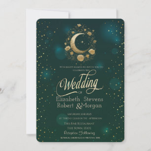 Celestial Gold Floral Moon Stars Wedding Green Invitation