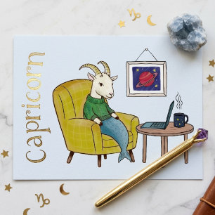 Celestial Gold Foil Capricorn Sea Goat Constellati Holiday Postcard