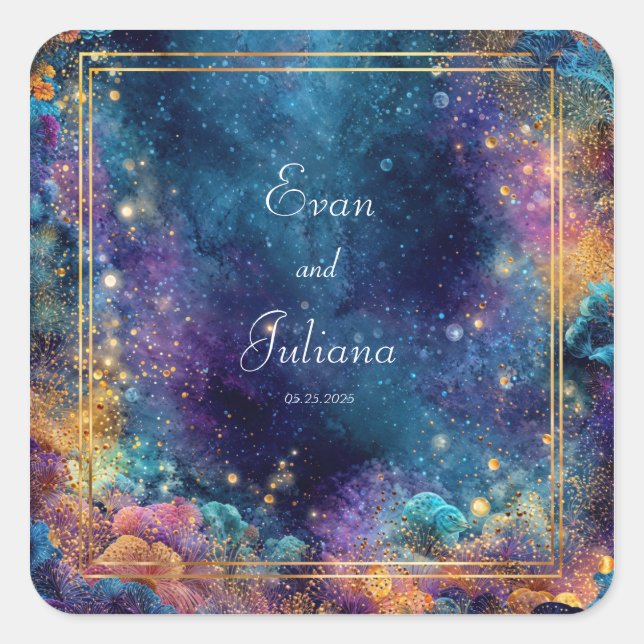 Celestial Gold Geometric Frame Galaxy Wedding Square Sticker (Front)