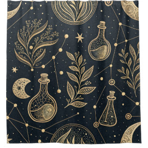 Celestial Gold Line Art - Moon Phases and Potions Shower Curtain