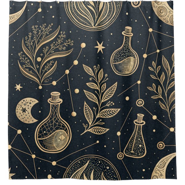 Celestial Gold Line Art - Moon Phases and Potions Shower Curtain (Front)