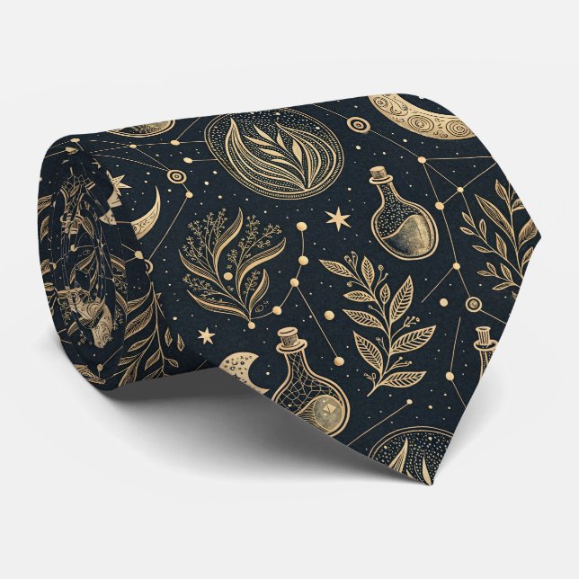 Celestial Gold Line Art - Moon Phases and Potions Tie (Rolled)