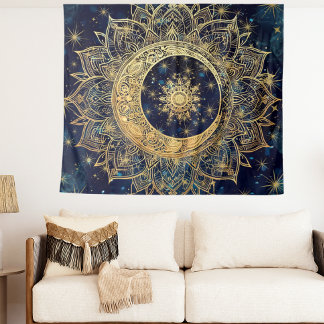 Celestial Gold Mandala Sun Moon Galaxy Blue Night  Tapestry
