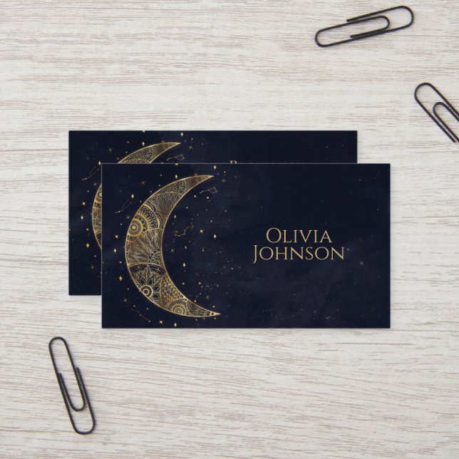 Celestial Gold Moon Aesthetic Business Card (Front/Back In Situ)