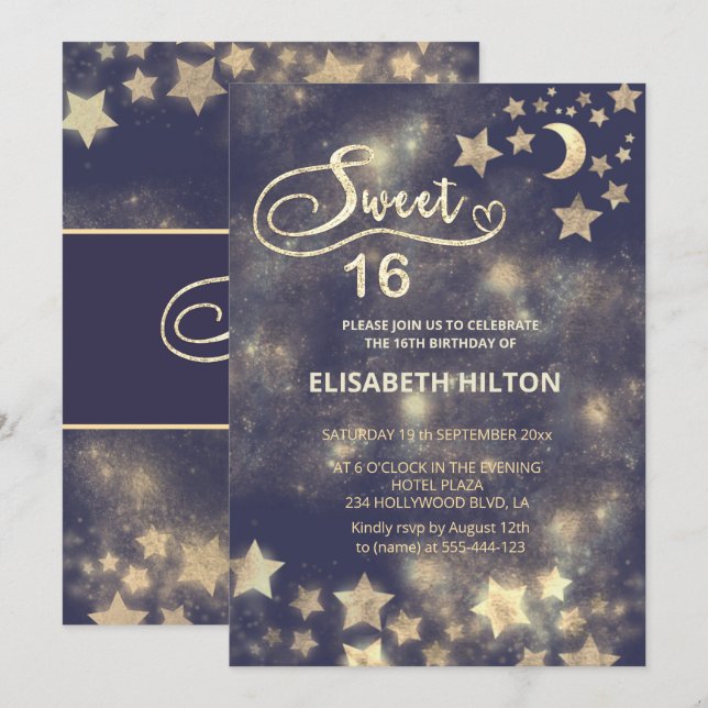 Celestial gold moon and stars sweet sixteen invitation (Front/Back)