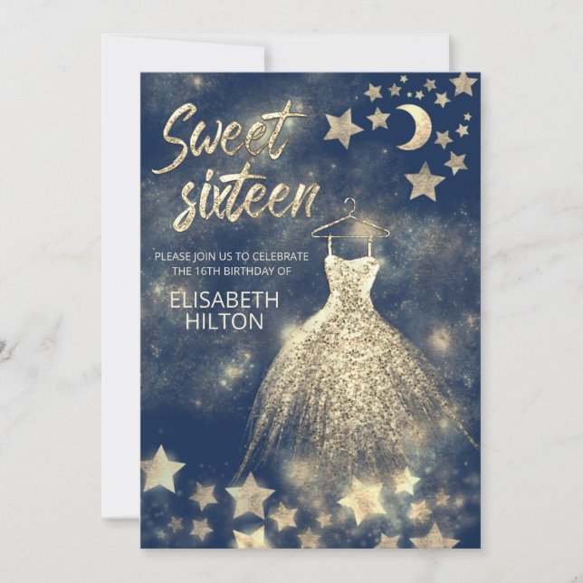 Celestial gold moon and stars sweet sixteen invitation (Front)