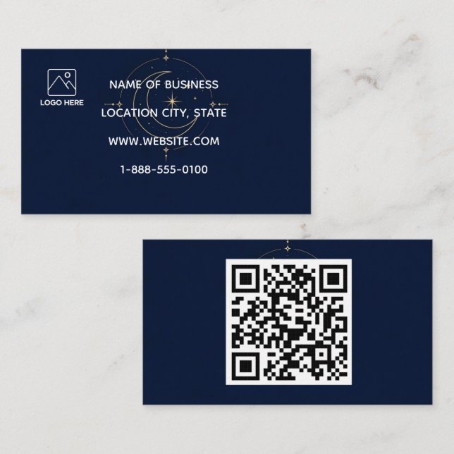 Celestial Gold Moon Navy QR Code Business Card (Front/Back)