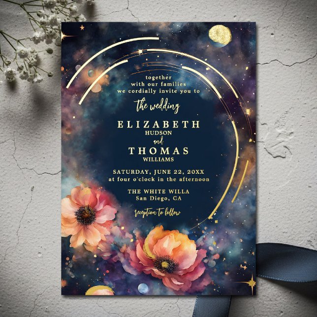 Celestial Gold Moon Stars Floral Elegant Wedding (celestial floral galaxy wedding invitation gold foil watercolor navy blue starry night written stars)