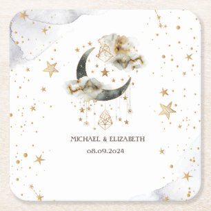 Celestial Gold Moon Stars Square Paper Coaster