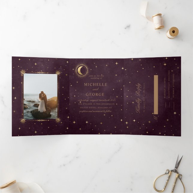 celestial gold moon tri fold wedding invitation (Inside)