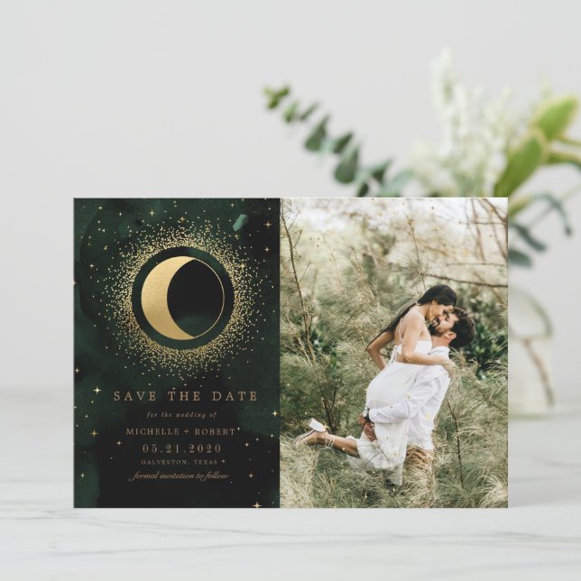 Celestial Gold Moon Two Photo Save The Date Invitation (Standing Front)