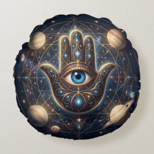 Celestial Gold & Navy Hamsa with Evil Eye Custom Round Cushion