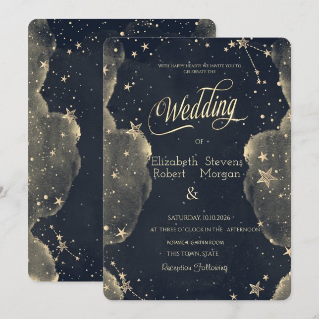 Celestial Gold Star Sun And Moon Clouds Wedding Invitation (Front/Back)