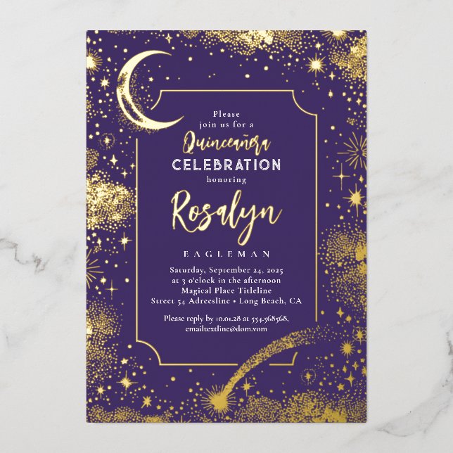 Celestial Gold Stars and Moon Night Quinceanera  (Front)