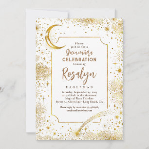 Celestial Gold Stars and Moon Night Quinceanera  Invitation