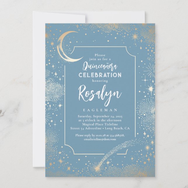 Celestial Gold Stars and Moon Night Quinceanera  Invitation (Front)