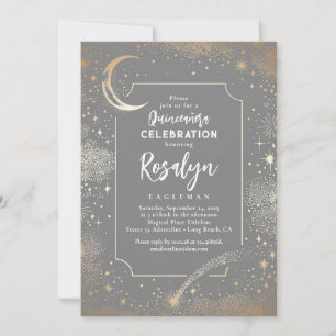 Celestial Gold Stars and Moon Night Quinceanera  Invitation