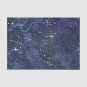 Celestial gold stars blue floral flocked faded tissue paper